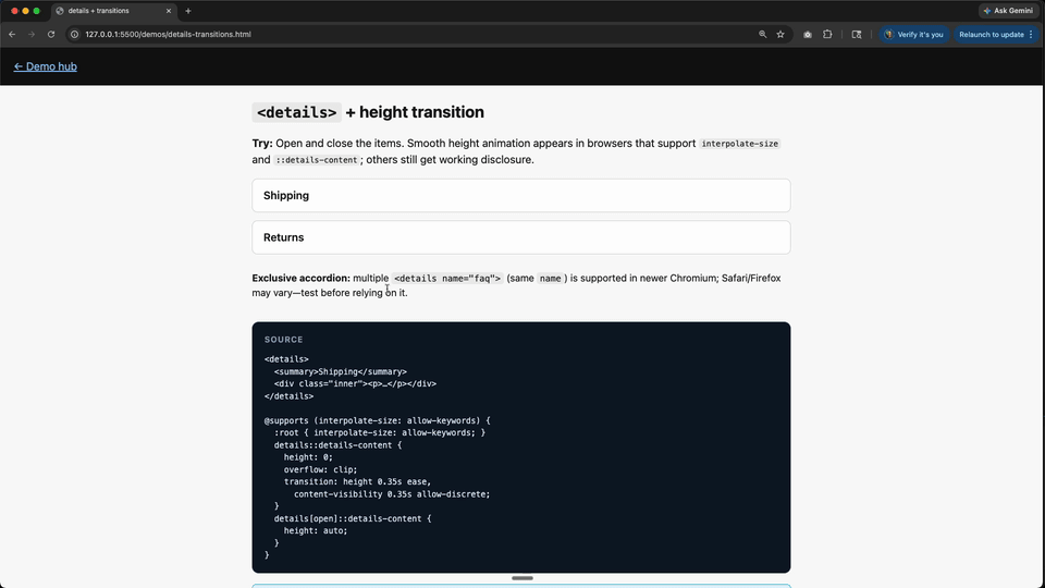 <code><details></code> transitions demo