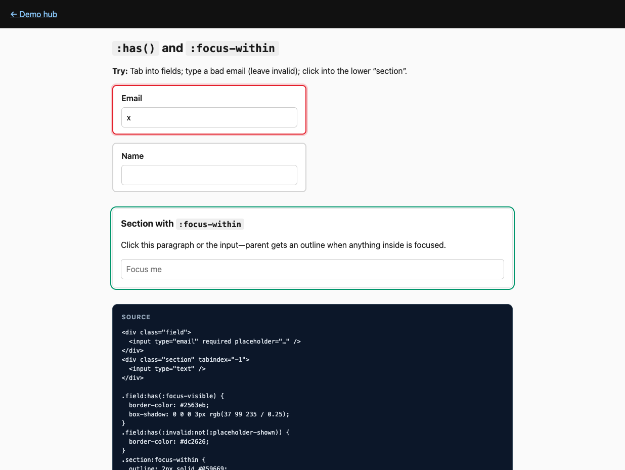 <code>:has()</code> and <code>:focus-within</code> demo