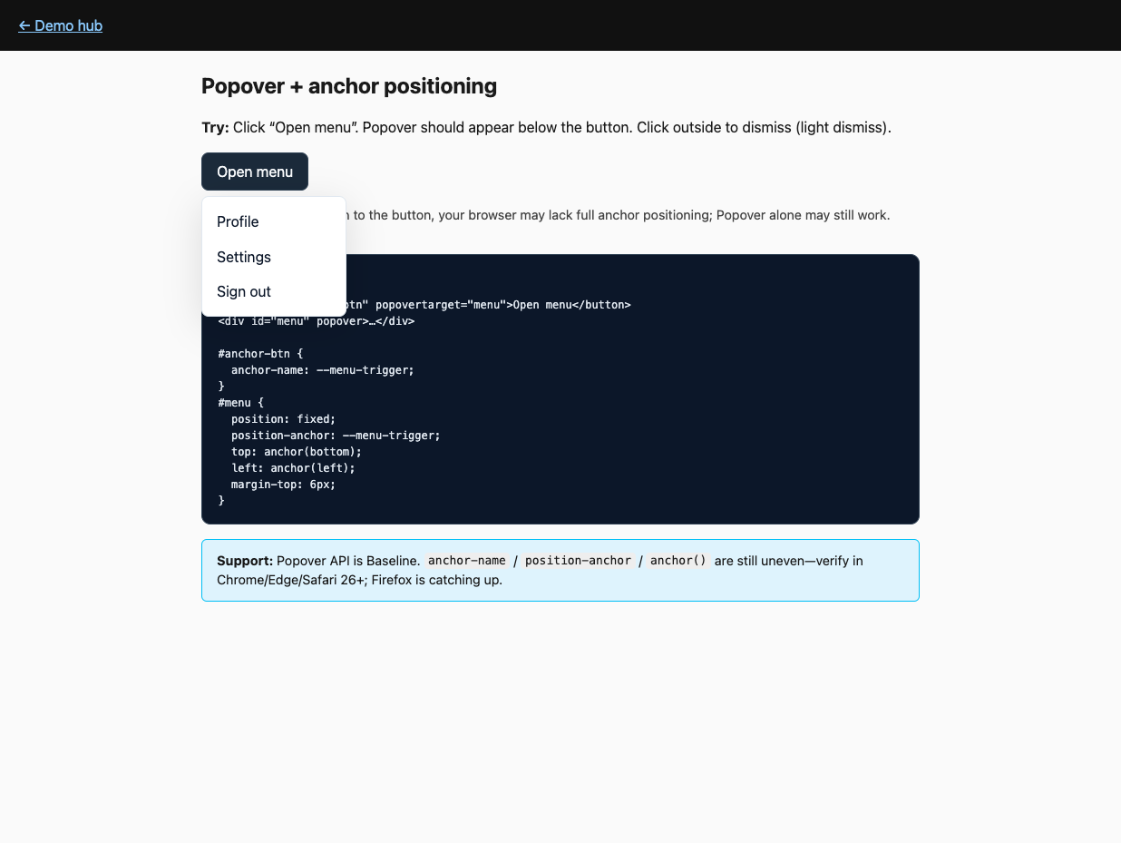 Popover and anchor positioning demo